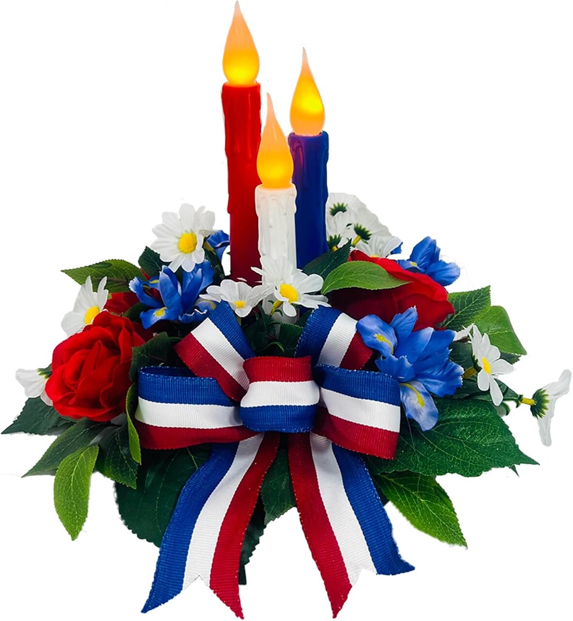 Patriotic Floral Centerpiece with Flameless Candles - Red White & Blue July 4th Table Decor
